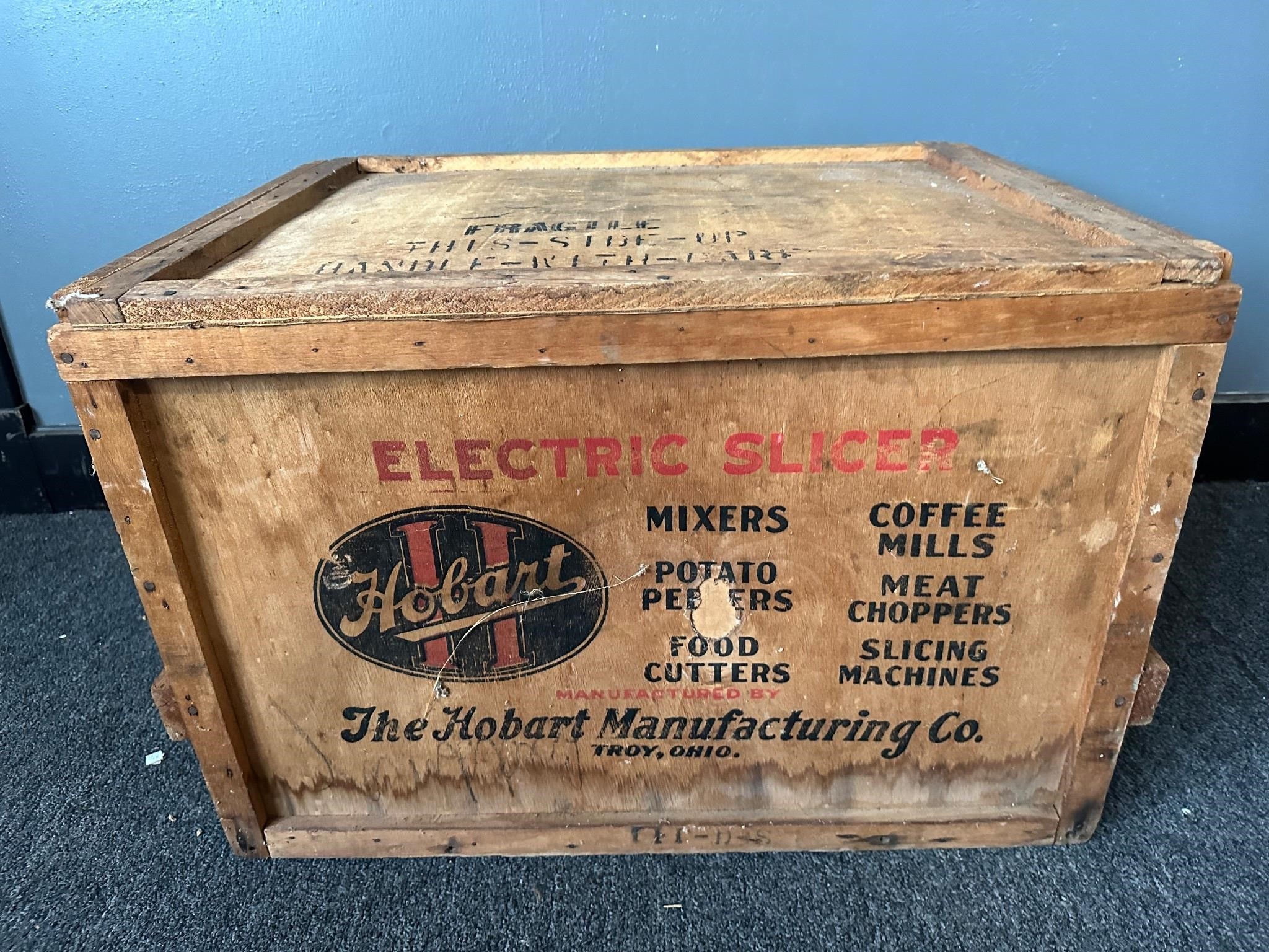 Antique Hobart electric slicer wooden crate