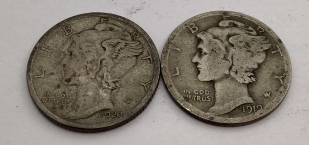 2 Mercury dimes- 1919D & 20S