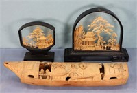 (2) Chinese Landscape Carvings + Wooden Boat