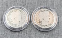 2 Barber Quarters, 1906-D & 1908 in hard cases,