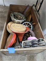 tricycle parts rolling wheels all in wood box