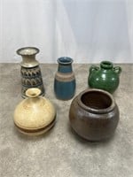 Pottery vases, bowl, and jug with handles
