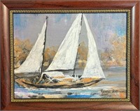 PRETTY ROSELYS BELLIVEAU SIGNED PAINTING SAILBOAT