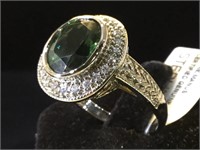 Sterling ring, w/ green & clear gemstones, size