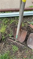 Garden tools rake, 2-shovels three pieces in lot
