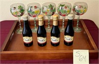 Z - HAND PAINTED WINE GLASSES, 4 BOTTLES, TRAY