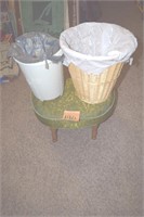 Antique foot stool, trash cans
