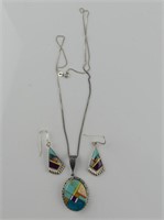 STERLING TURQUOISE MOSAIC NECKLACE & EARRINGS