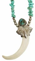 NATIVE AMERICAN SILVER, TURQUOISE & TUSK NECKLACE