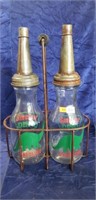 (2) Sinclair Glass Oil Bottles w/ Metal Tops &