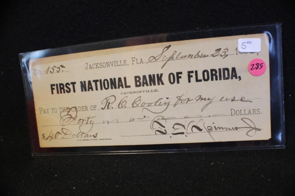 1886 First National Bank of Florida Bank check