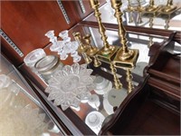 Contents of Shelf-Brass Candlesticks, Candy Dishes