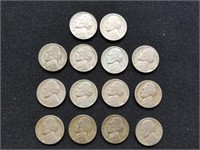 14 Assorted Jefferson Nickels Some War Time