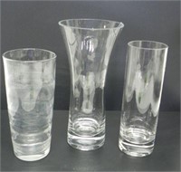 3 TALL CYLINDRICAL GLASS VASES-HAND BLOWN