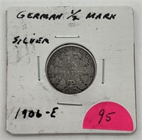 1906-E German Silver 1/2 Mark Coin, Over 100