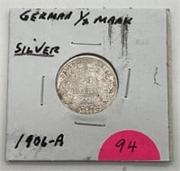 1906-A German Silver 1/2 Mark Coin, Over 100