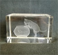 3D Laser Etched Paperweight, Cat with Fishbowl