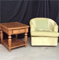 Green Barrel Chair & Wooden Side Table - 8B