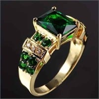 Faux Emerald Rhinestone Golden Ring Size 9