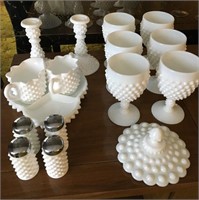 White Milk Glass Hobnail Goblets & Asst Pieces