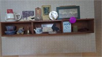 NARROW WOOD SHELF WITH LOTS OF GOODIES ON IT (5"