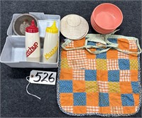 Quilted Apron, Plastic Dishes & More