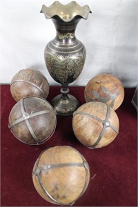 Brass Engraved Vase & Wooden Balls