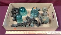 Antique Brass Sleigh Bells & 3 Glass Insulators