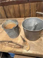 galvanized buckets, rain gauge,