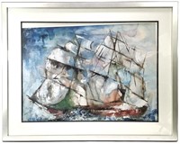 M. Gotkin, Tall Ship Watercolor, Signed & Framed
