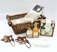 Towel Basket, Bath Mat, Hand Soap & Clothes Hooks