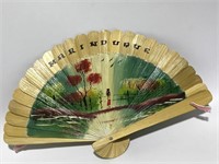 Vintage Asian bamboo hand-painted hand fan large