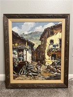 European Village Scene Oil on Panel Signed Framed