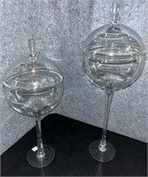 Pair, Glass Ball Cover Bowl On Tall Stem 
Height