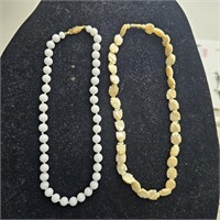 Mid Century Milk Glass Bead/Carved Stone Necklace