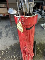 Vintage Red Golf Bag and Golf Clubs ** MORE PHOTOS