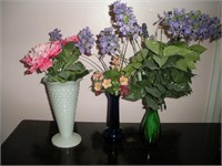 3 Vases, Tallest 10 inches, w/flowers