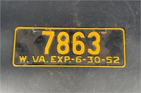 1952 WEST VIRGINIA LICENSE PLATE #7863