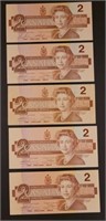 Set Of Five 1986 Series Canadian $2.00 Bills