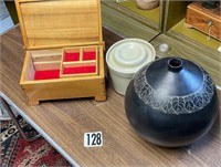 Wood jewelry box/ black vase/white crock