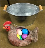 Ceramic Chicken & Metal DŽcor Bucket