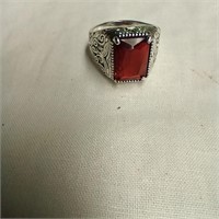 Silver Toned Red Center Stone Ring