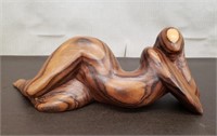 Carved Wood Figure of Voluptuous Woman Laying on