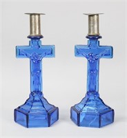 Pair of Pressed Glass Crucifix Candlesticks