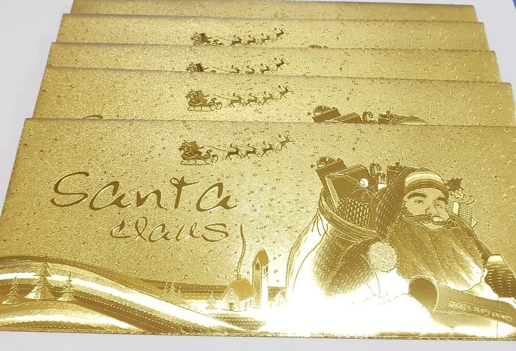 5 Gold Foil Santa Claus Gift Envelopes SJC