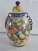 Large hand-painted terracotta covered jar