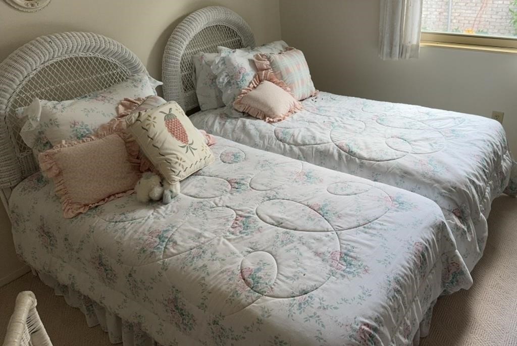 (2) White Wicker Twin Beds w/ Linens & Pillows