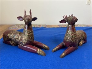 Pair of Asian Wood Carved Deer