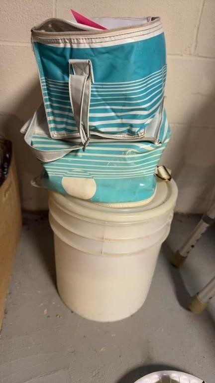 3 gallon bucket and two plastic coolers