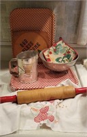 Vintage kitchen, red/white gingham trays,